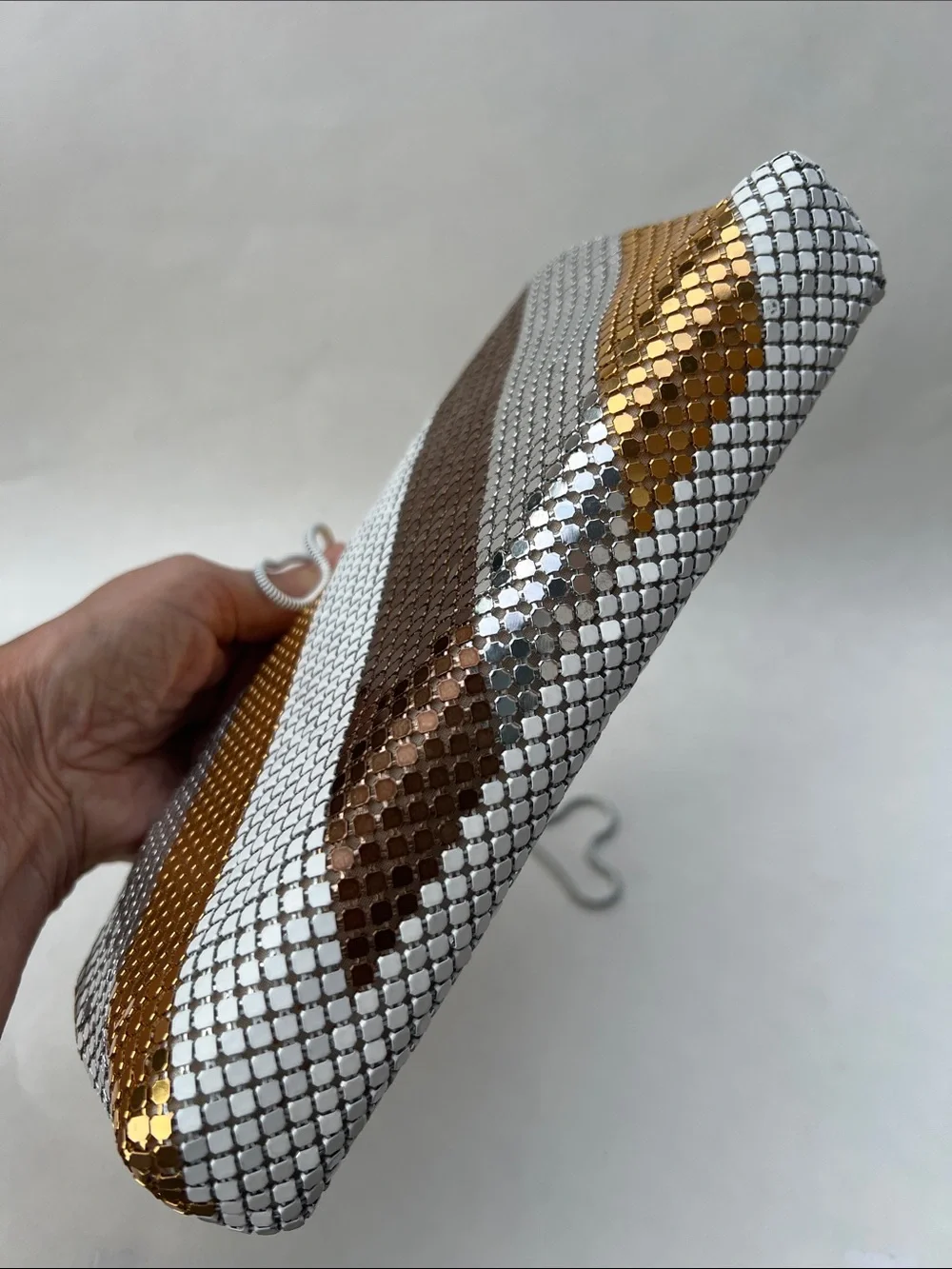 Vintage Warren Reed evening bag with diagonal stripe pattern metallic mesh